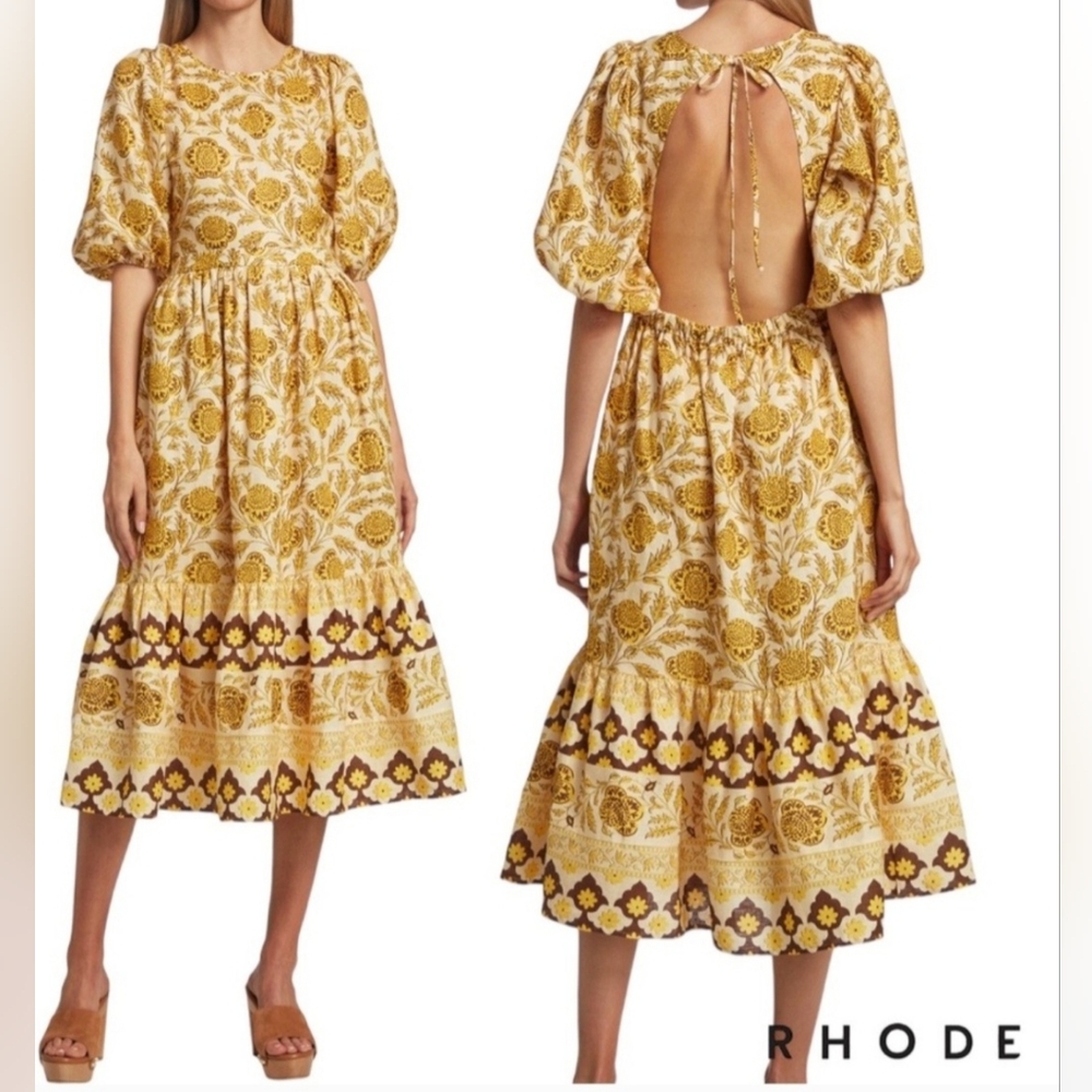 Rhode Maryam Small Floral Backless Linen Midi Dress Summer Colorfu…